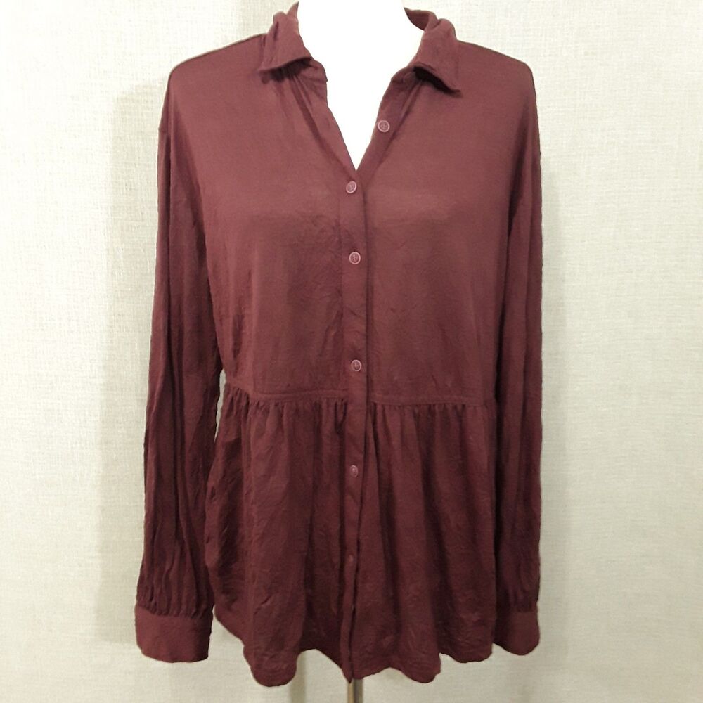 Frye & Co SZ Medium Peasant Blouse Crinkle Fabric Button-Down Long Sleeve
